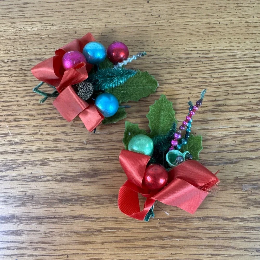 Vintage Christmas Ornament Corsage Set Red Bow Flocked Holly Mini Pinecone